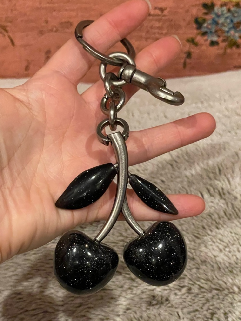 Black Glitter Cherry Keychain Bag Charm